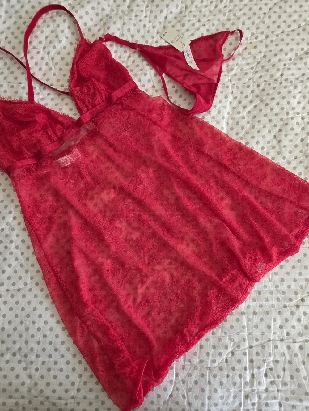 Auden Cherry Red Sheer Lace Baby Doll Mini & Thong Lingerie Set Size L